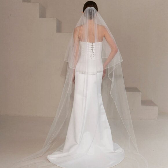 Double tier, two layer fingertip cathedral chapel veil with pearls main image 4